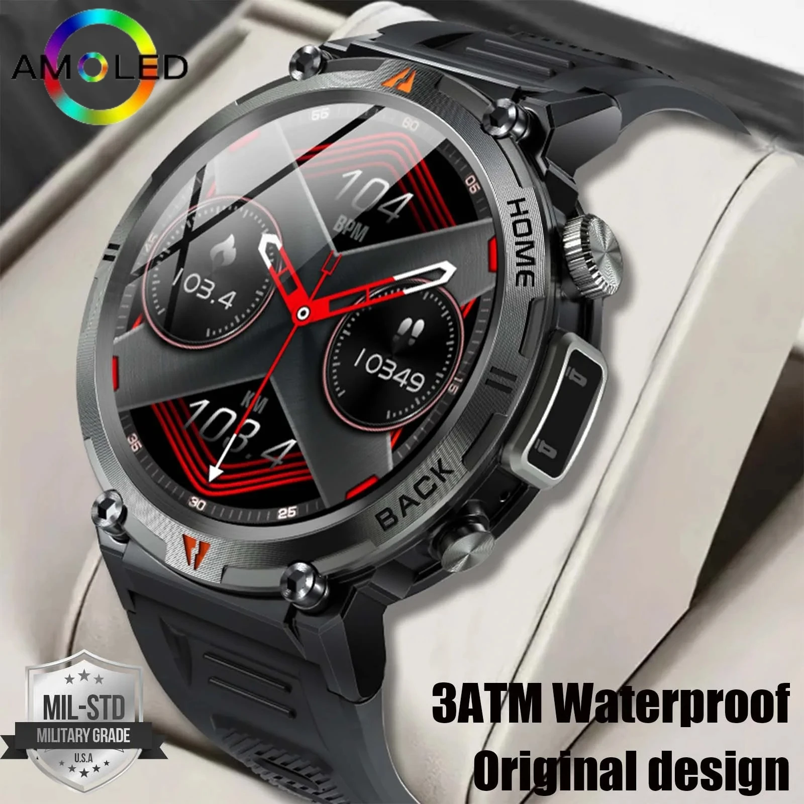 

2024 Original Design Smart Watch For Men 3ATM Waterproof Bluetooth Call Health Monitoring With Flashlight 100+ Sports Modes