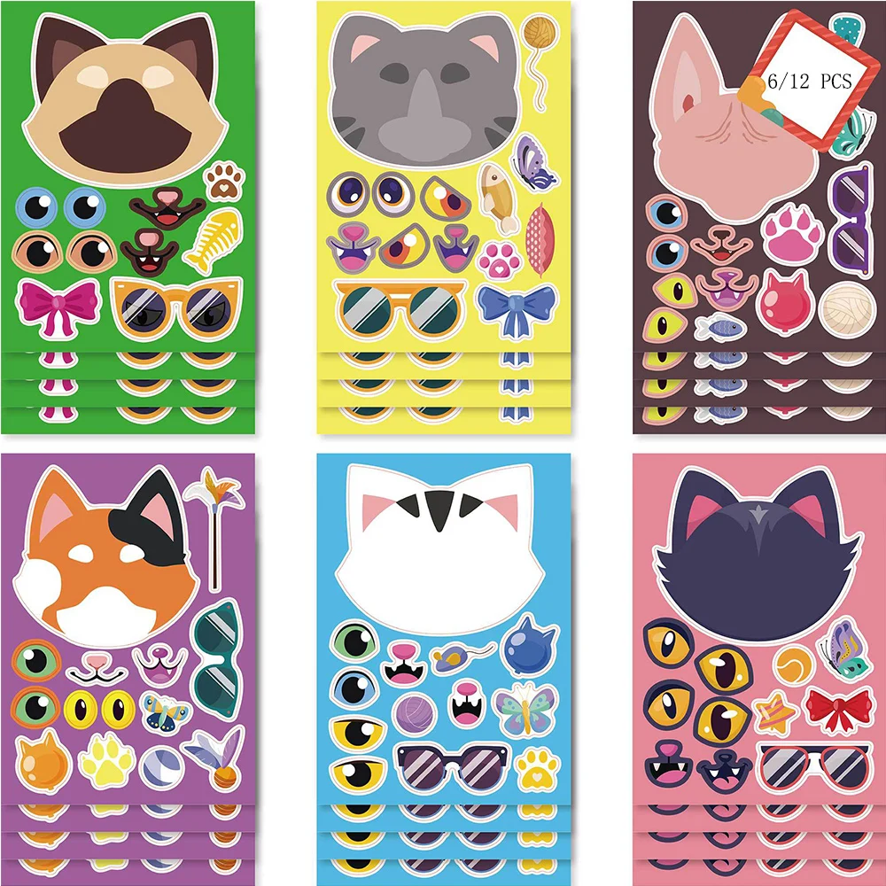 6/12sheets Make a Face Cat Cartoon Stickers Kawaii Animal Sticker Diary Scrapbooking Laptop Phone Stationery Decorative Decals 50pcs retro ins style stickers aesthetic cartoon decorative decal diy phone laptop luggage bottle diary scrapbooking kids toy b2