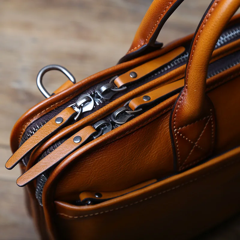 NZPJ Men's Leather Briefcase Retro Top Layer Cowhide Large Capacity Handbag European and American Fashion Shoulder Computer Bag