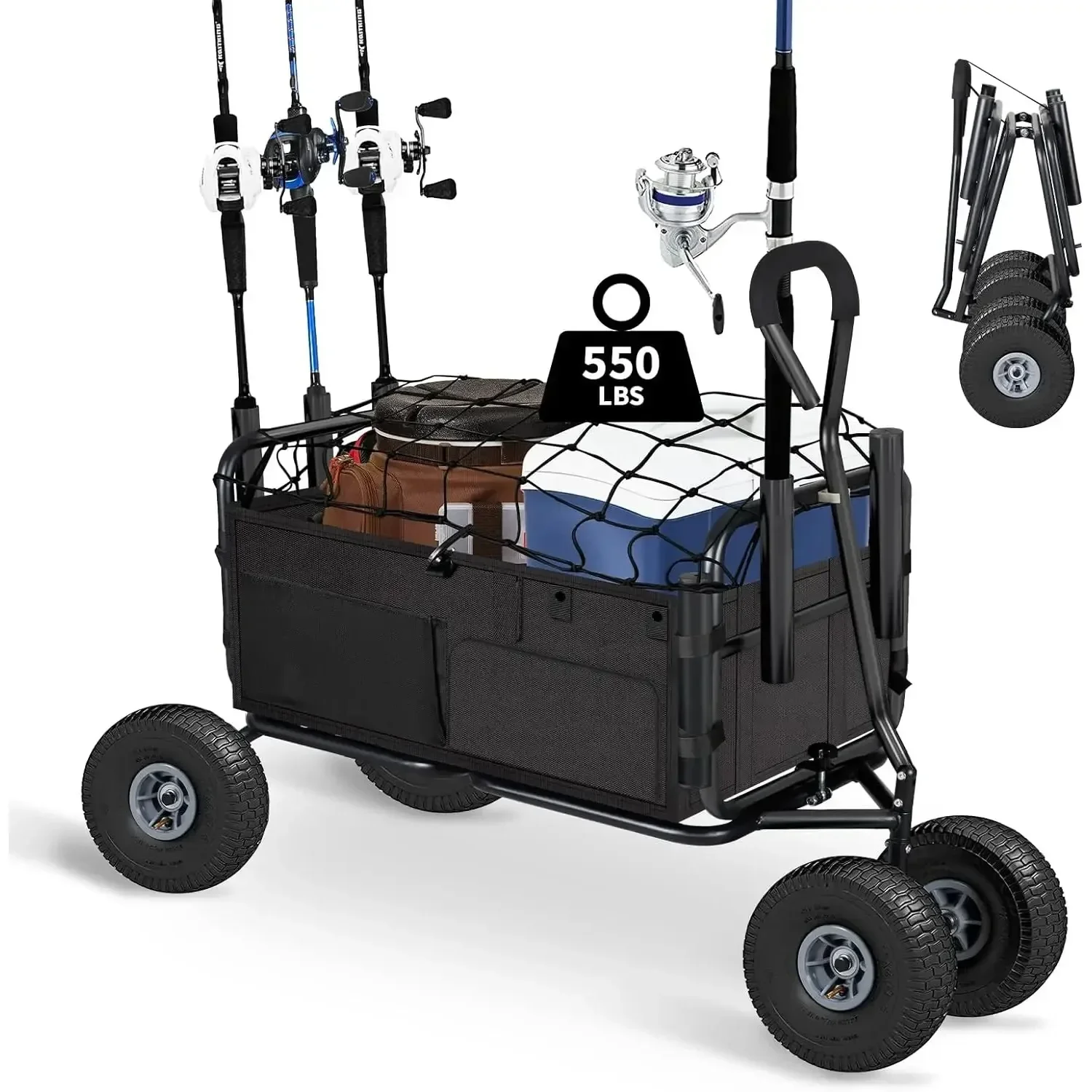Fishing Cart Beach Cart Collapsible Wagon w/11''All-Terrain Wheels for Sand, Heavy Duty Garden with Rod Holders 550lb Large