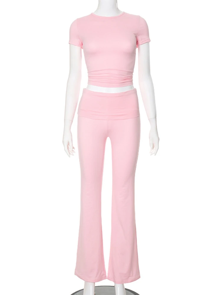 Laxsesu Casual 2 Two Piece Pant Sets Round Neck Short Sleeve Crop Tops + Long Trousers Female Streetwear Joggers Matching Set