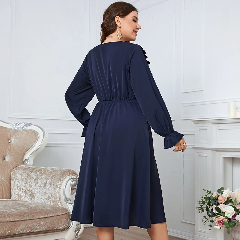 Della Mel Plus Size Women Clothing Solid Color Midi Dress Fashion Casual Puff Long Sleeve Big Size Lady Party Dresses 3XL 4XL