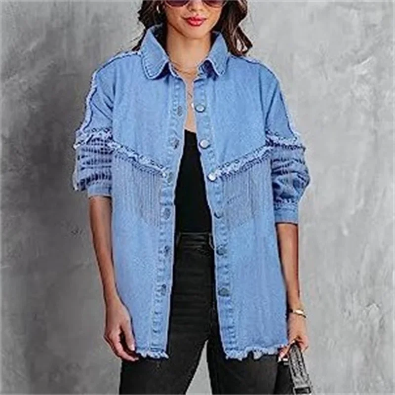 Fashion Chain Splicing Decoration Jacket Women Vintage Tassel Denim Coat Female Single-breasted Cardigan Casual Loose Outerwear - Image 5