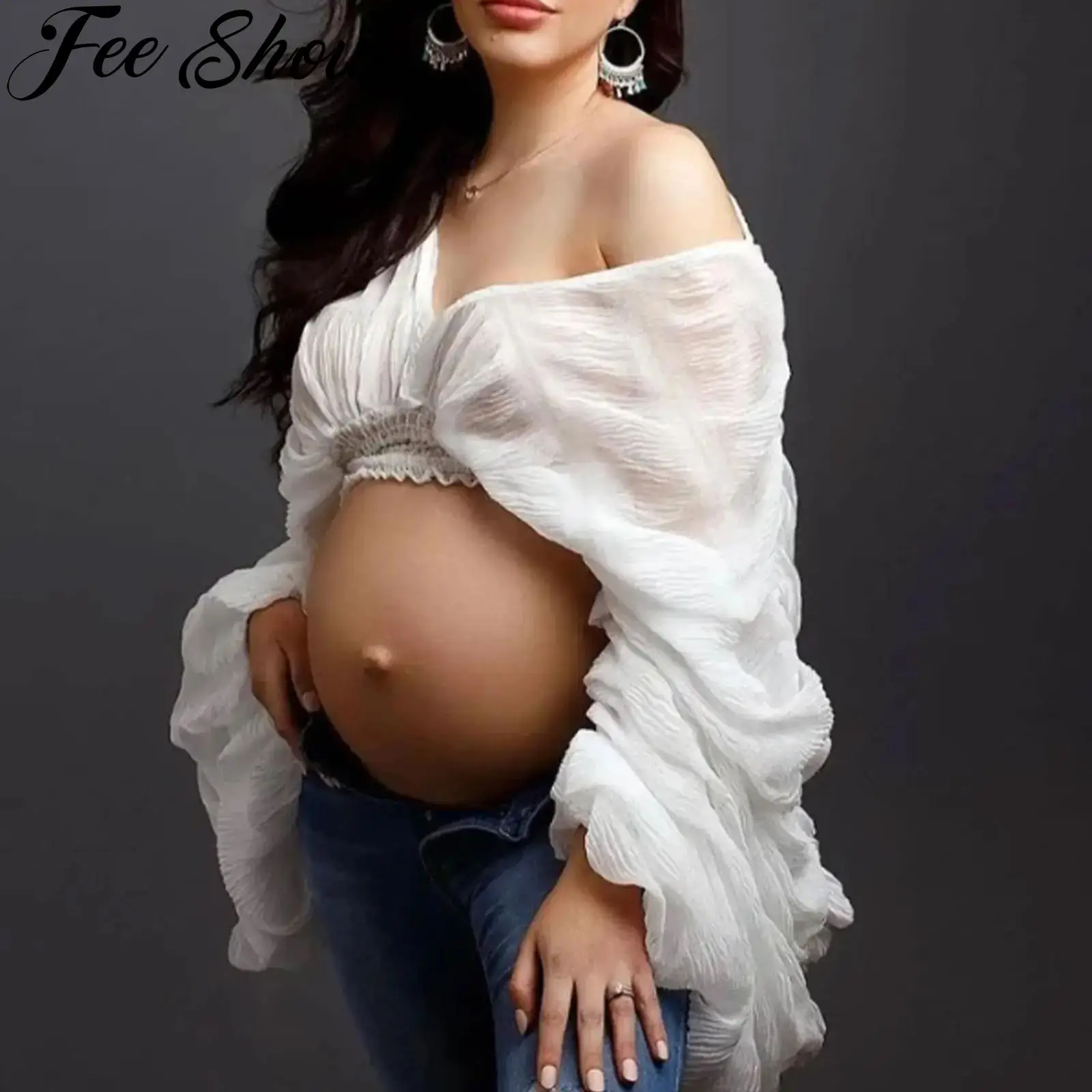 

Summer Sexy Draped Chiffon Blouse For Maternity Elegant V-Neck Puff Long Sleeve Short Tops Female Slim Party Shirts New Fashion