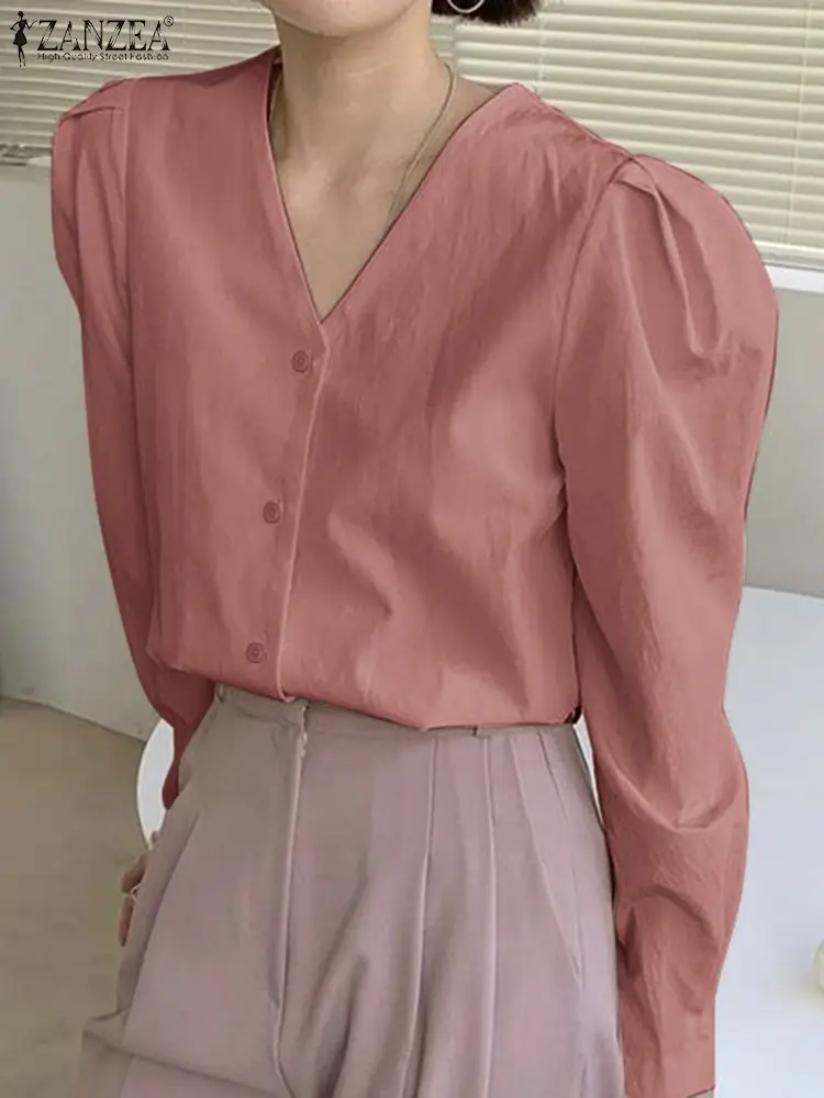 

ZANZEA 2024 Spring Casual Puff Long Sleeve Blouse Women V Neck Shirt Solid Color Blusa Fashion Korean Buttons Holiday Tops Femme