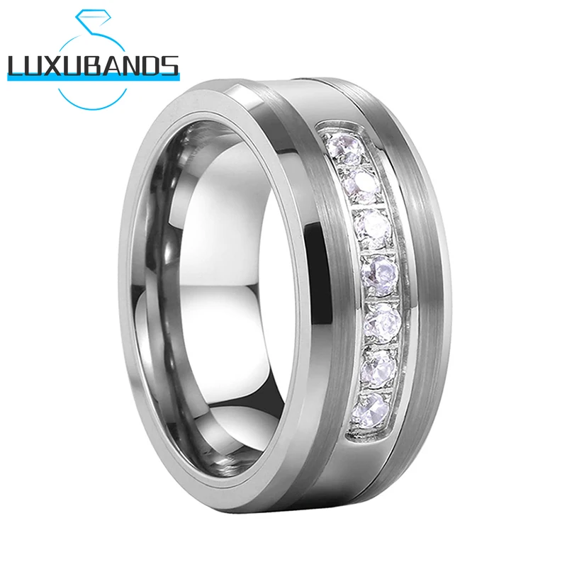 

Tungsten Carbide Band Jewelry Woman Men 8mm Ring with Stone Beveled Edges White Cubic Zircon Brushed Finish Gift for Girlfriend