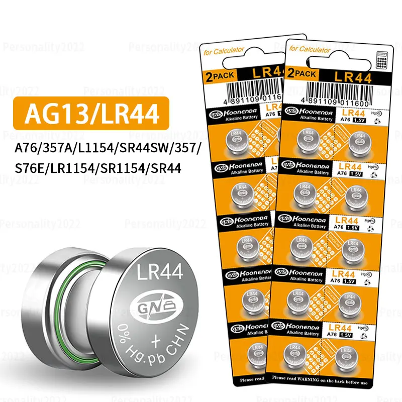   시계 장난감용 알카라인 배터리, 야간 조명 계산기용, AG13 LR44 1.5V 단추 셀 배터리, 357 A76 L1154 SR44SW SR44 LR1154 