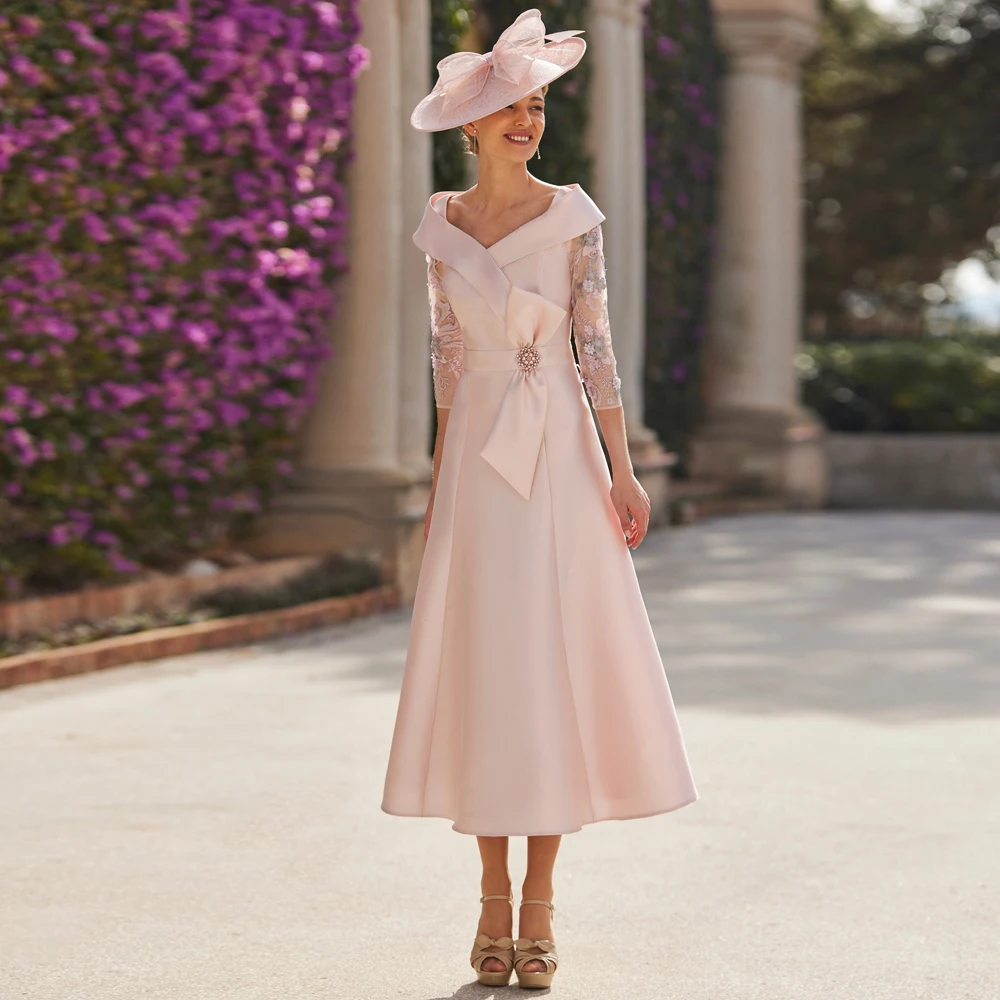 

Elegant Mother of the Bride Dresses 2024 V Neck 3/4 Sleeves Wedding Party Gowns Appliques Pearls Tea Length A-Line فساتين السهرة