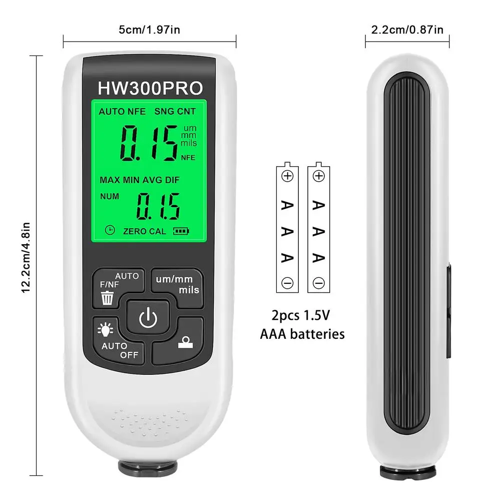 HW-300PRO Coating Thickness Gauge 0-2000um Digital Lcd Display Paint Thickness Meter Measuring Tool Resolution 1μm