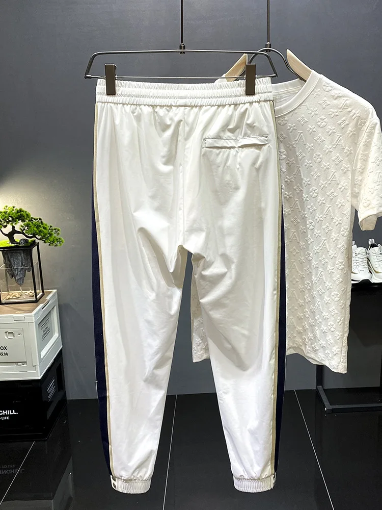 White Ice Silk Thin Casual Pants Men's Summer Slim Fit and Quick-Drying Sports Transparent Loose Tappered Cropped Pants