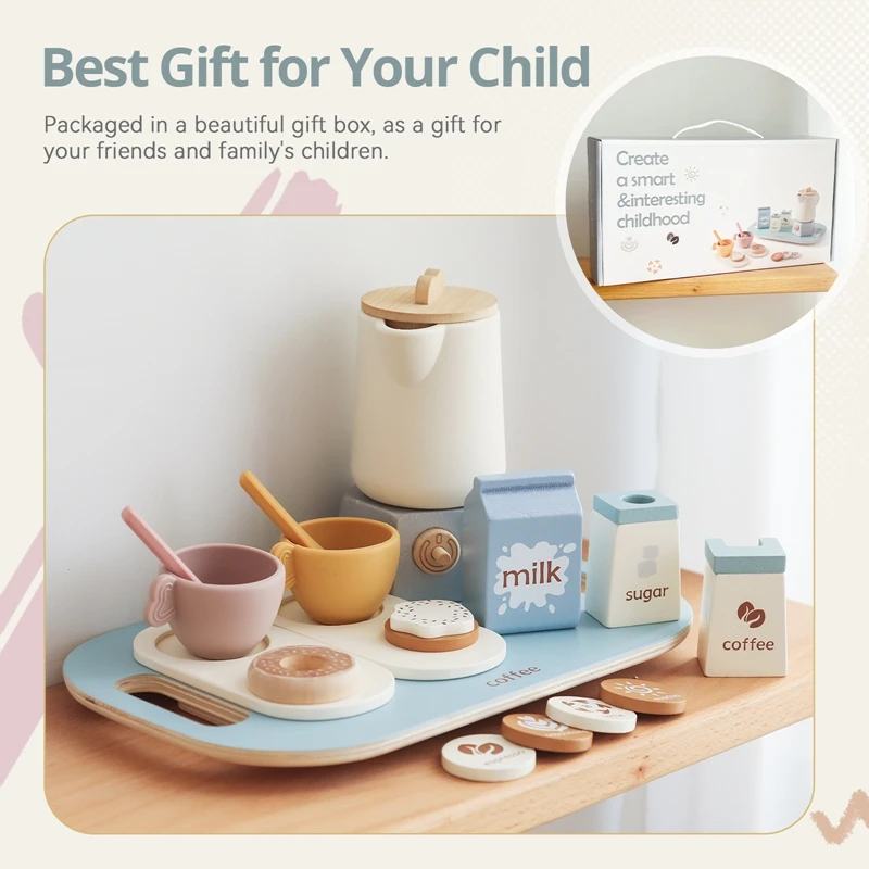 Wooden Afternoon Coffee/Tea Set Toy NO Bpa Pretend Play Food Learning Role Play Game Early Educational Toy for Toddlers Kid Gift 3