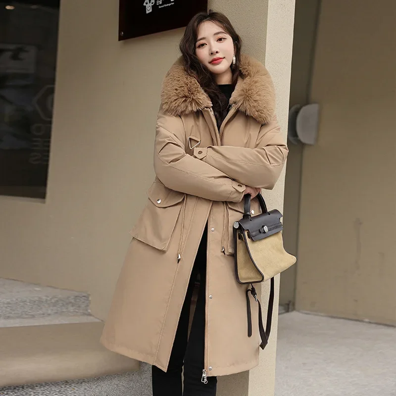 

Winter Women Long Detachable Liner Jacket with Plush Fur Hooded Fashion Hight Waist Parkas Thick Warm Windproof Coat Outwear
