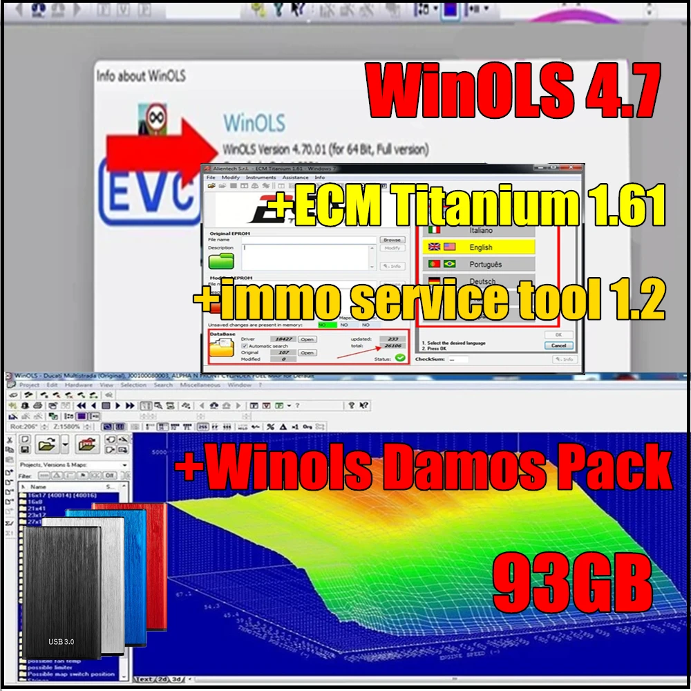 Newest ECU Programming Tool Winols 4.7 Software+Winols 93GB Damos Pack +ECM TITANIUM 26100+ Immo Service Tool V1.2 free install