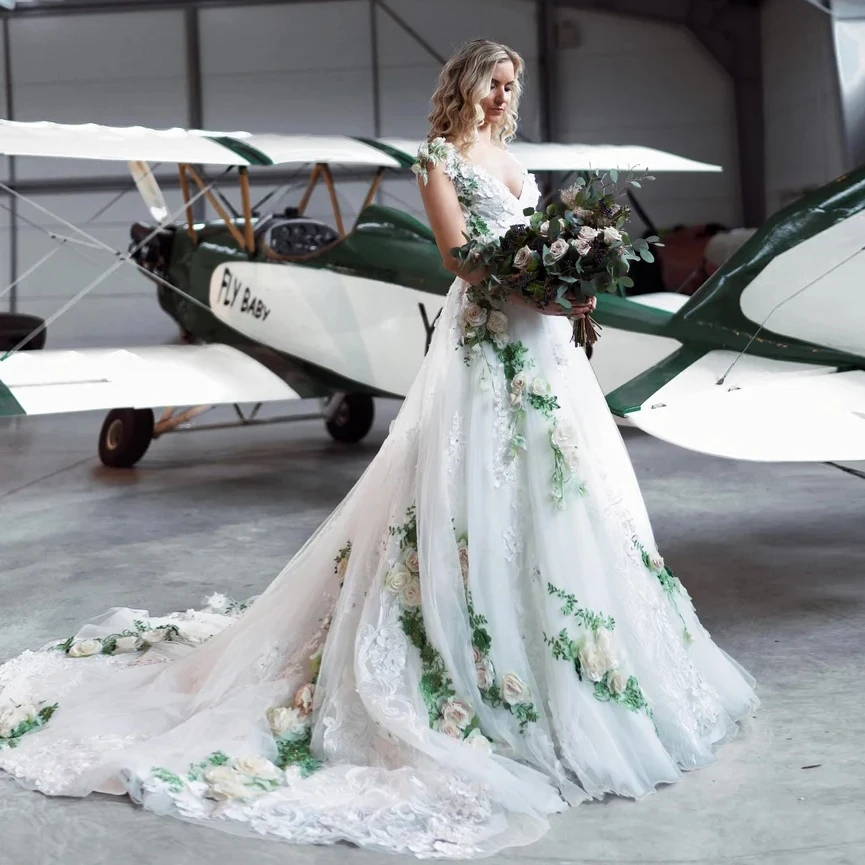 Green 3D Flower Wedding Dresses A-line Long Bridal Gowns Delicate Appliques  Lace | eBay