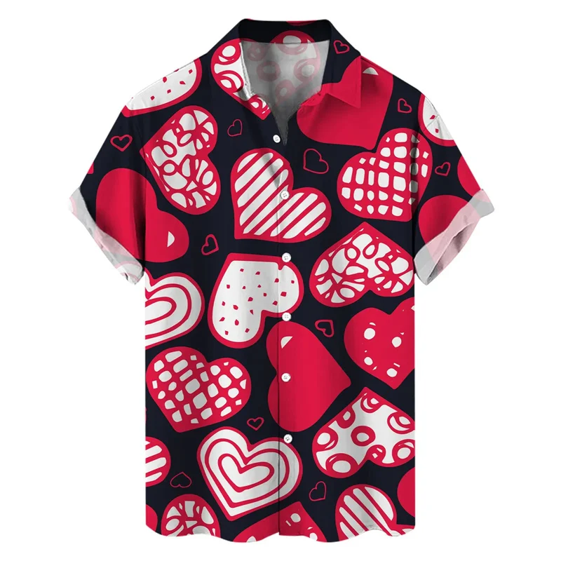thumbnail image 1 of Camisa hawaiana con estampado 3D de corazones de amor para hombre, camisa informal de manga corta con botones y cuello de solapa para vacaciones en la playa, camisa Aloha de verano, 1 of 4