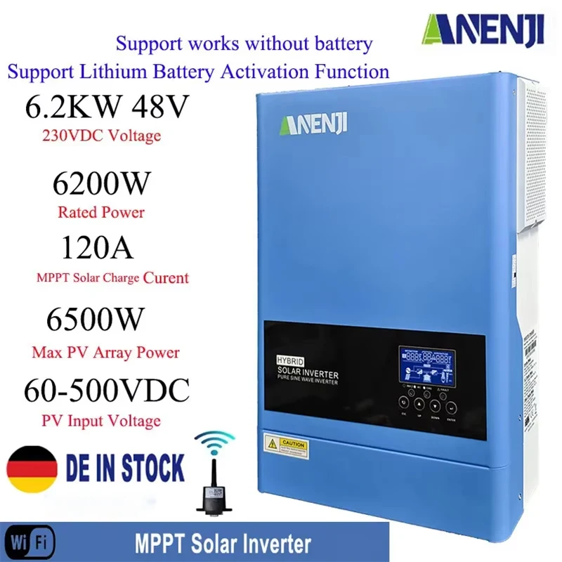 6.2KW Hybrid Solar Inverter 230V 48V Pure Sine Off Grid On Grid Inversor 120A MPPT Solar Charge Controller for PV Panels