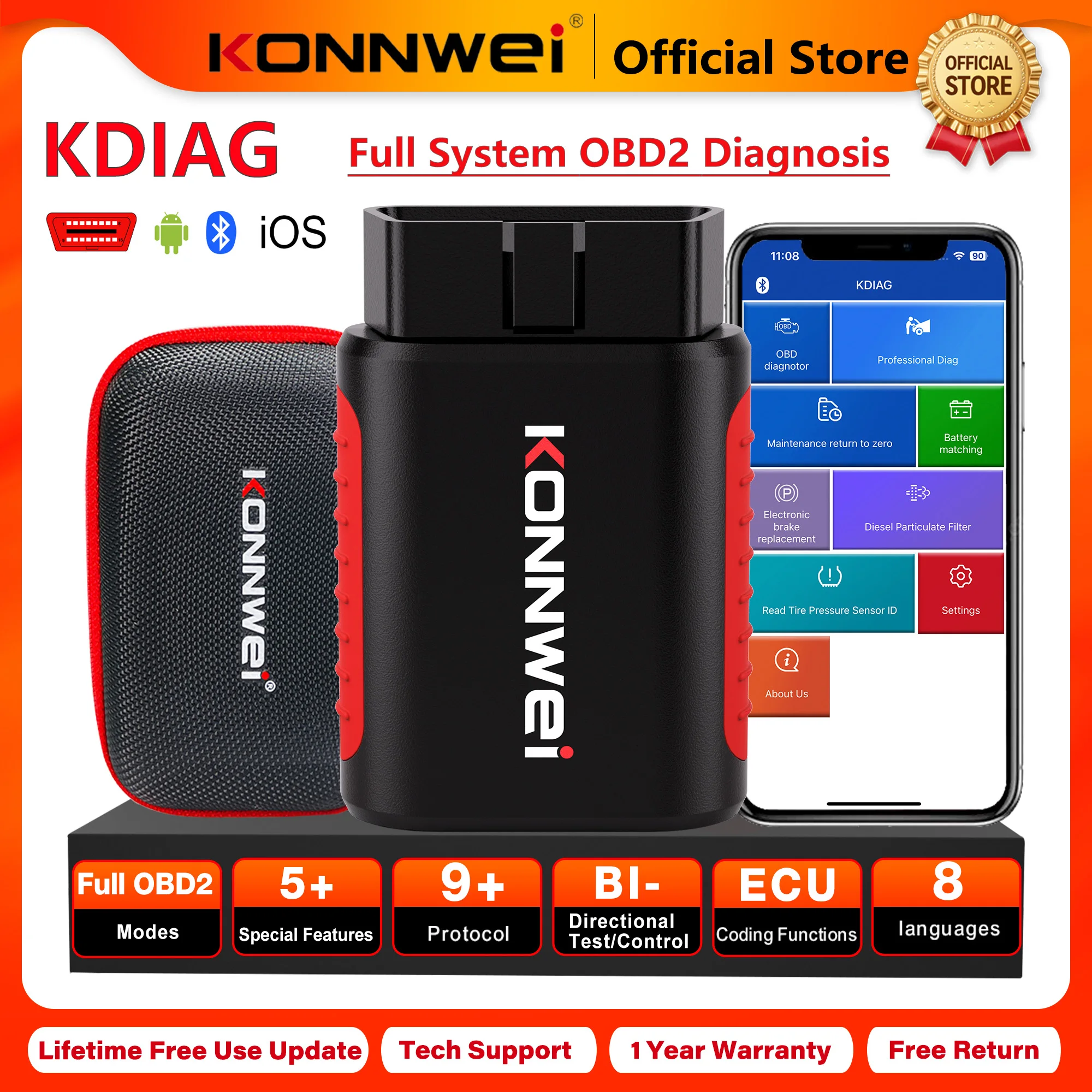 KONNWEI All System Diagnostic Scanner KDIAG, OBD2 Bluetooth Car Tool with Read Erase Codes EPB DPF Oil Reset SRS SAS TPMS Sensor Functions 2026
