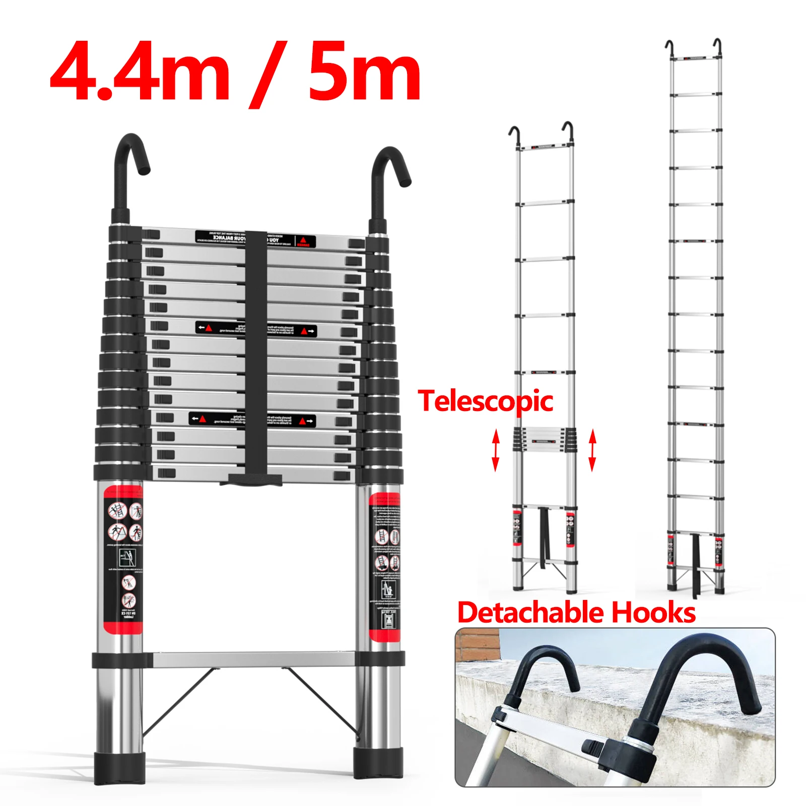 Échelle télescopique de 4.4m/5m, en acier inoxydable, robuste, extensible, pour Loft, hauteur réglable avec crochets détachables