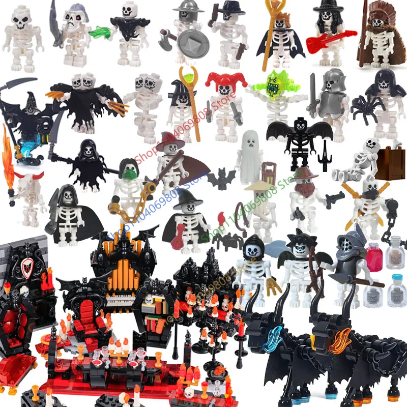 MOC Halloween Bausteine Skelett Armee Ritter Figuren Flamme Pferd Mittelalterlichen Vampir Möbel Montage DIY Ziegel Spielzeug Geschenke