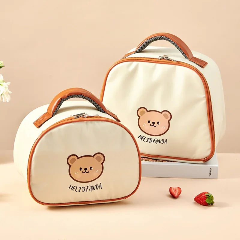 어린이용 가죽 곰 도시락 가방, 대용량 도시락 파우치, 단열 쿨러, 식기 컵 토트 피크닉 박스 포함