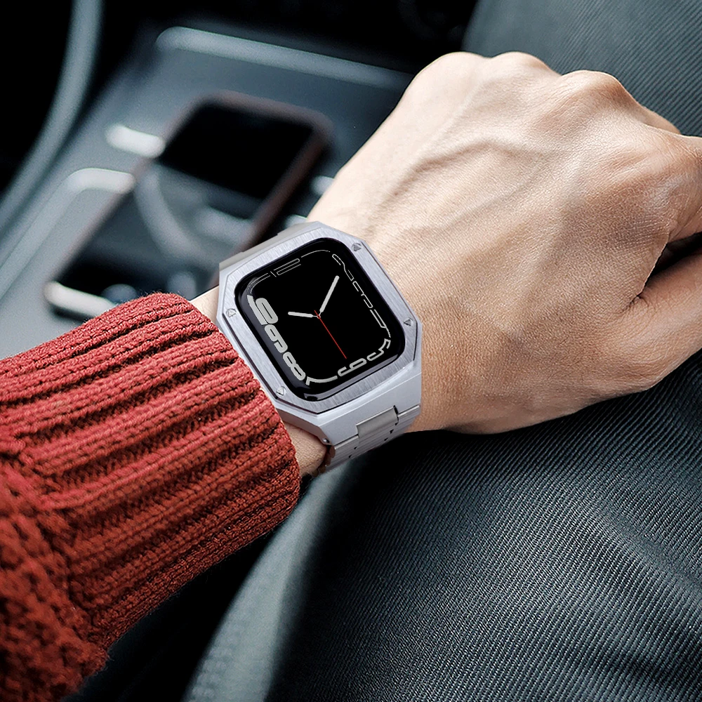 Metal modified strap + case For Apple Watch 8 7 45mm Stainless Steel Retrofit kit Protective Shell For iWatch 87654SE 45mm 44mm