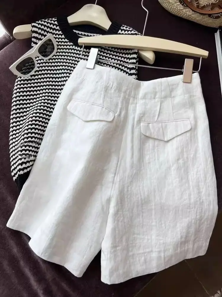 HOUZHOU Casual Women White Linen Shorts Wide Leg High Waist Japanese Fashion Basic Short Pants Female Office Wear Elegant Summer