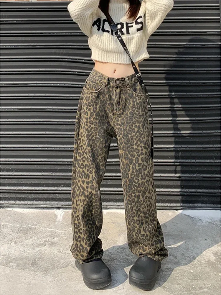 Y2K Retro Leopard Pattern High Waist Slim Straight Barrel Women Jeans Classic Casual Fashion Autumn Korean Street Women's Jeans
