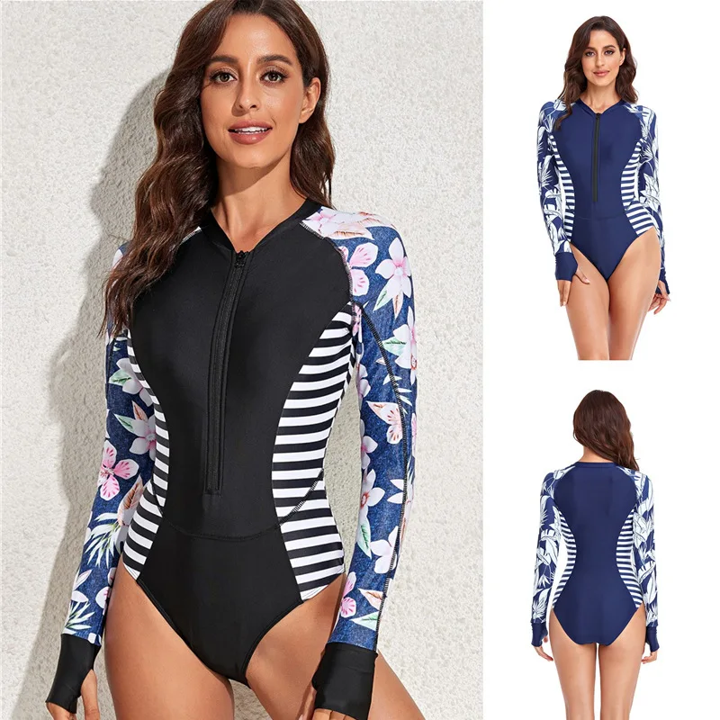 

Women's long-sleeved zippered sports one-piece swimsuit beach swimsuit