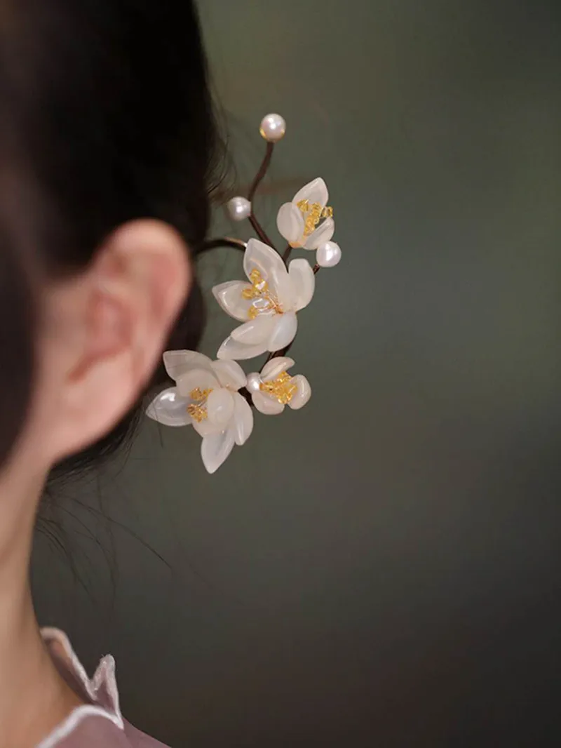 FXLRY 오리지널 핸드메이드 빈티지 U자형 진주 머리핀 목련 머리핀 모자