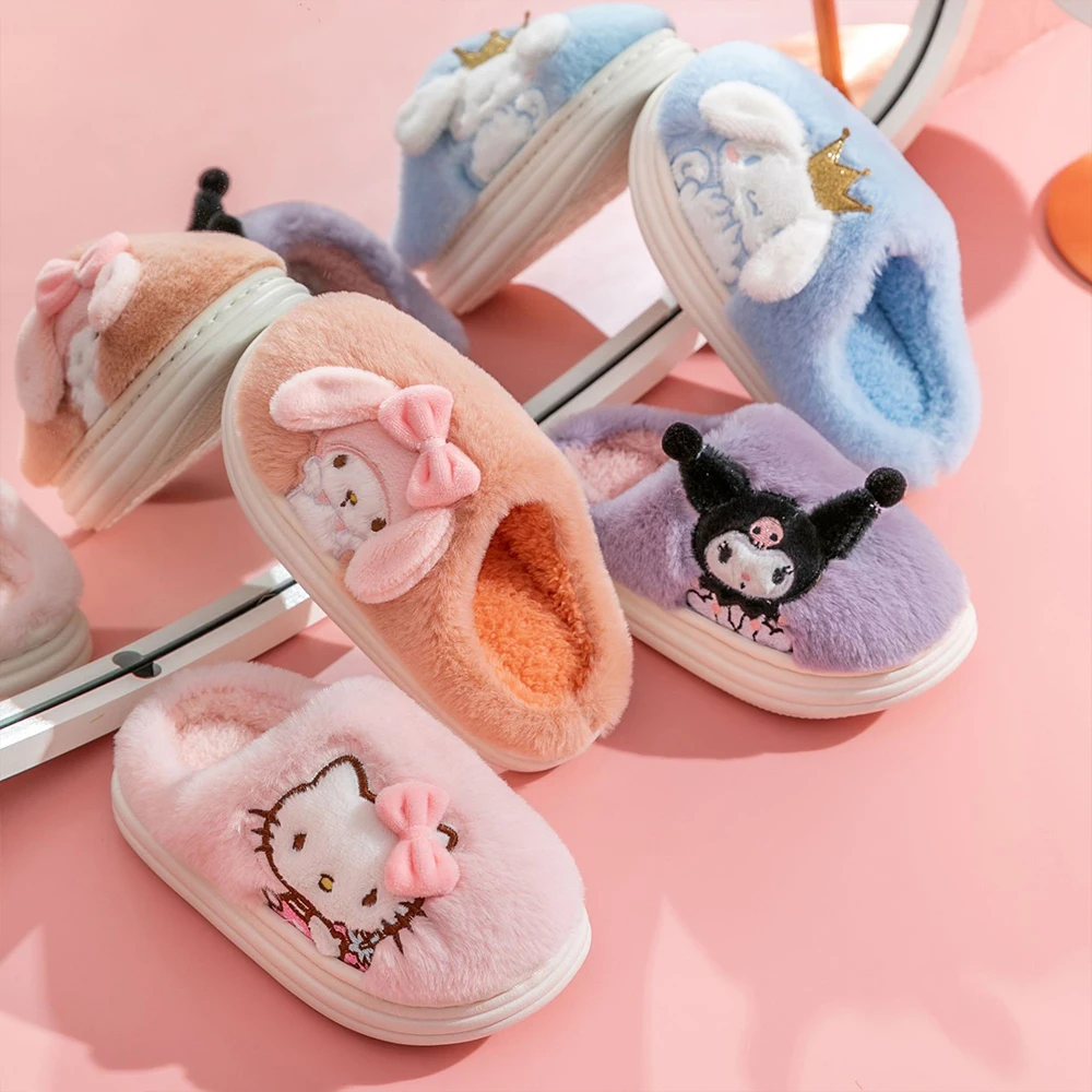 

Anime Sanrioed Hello Kitty Kuromi Cinnamoroll Melody Kids Plush Slippers Cute Warm Shoes Kawaii Boy Girl Soft Home Slipper Gifts