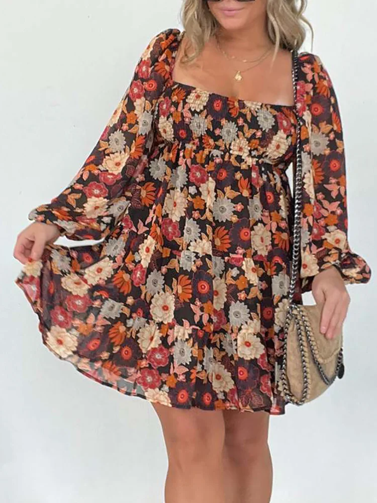 

2024 Square Collar Loungewear Mini Dress, Spring Summer Long Sleeve Fashion Party Dress, Women Printing Patchwork Holiday Dress