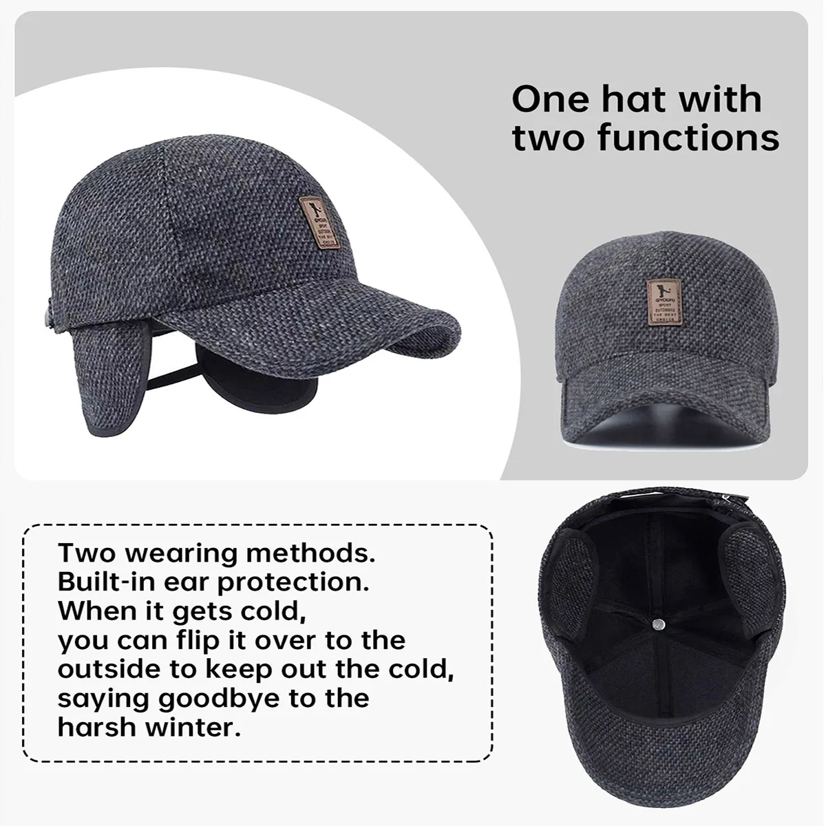Middle-Aged and Elderly Men's Hats for Autumn and Winter, Warm Ear-Protecting Caps for the Elderly, Dad and Grandpa Fleece-Lined Baseball Caps