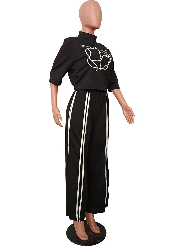 Wmstar Two Piece Sets Women Fashion Half Sleeve Tops Elastic Waist Wide Leg Strip Long Pants Outfits Wholesale Dropshipping