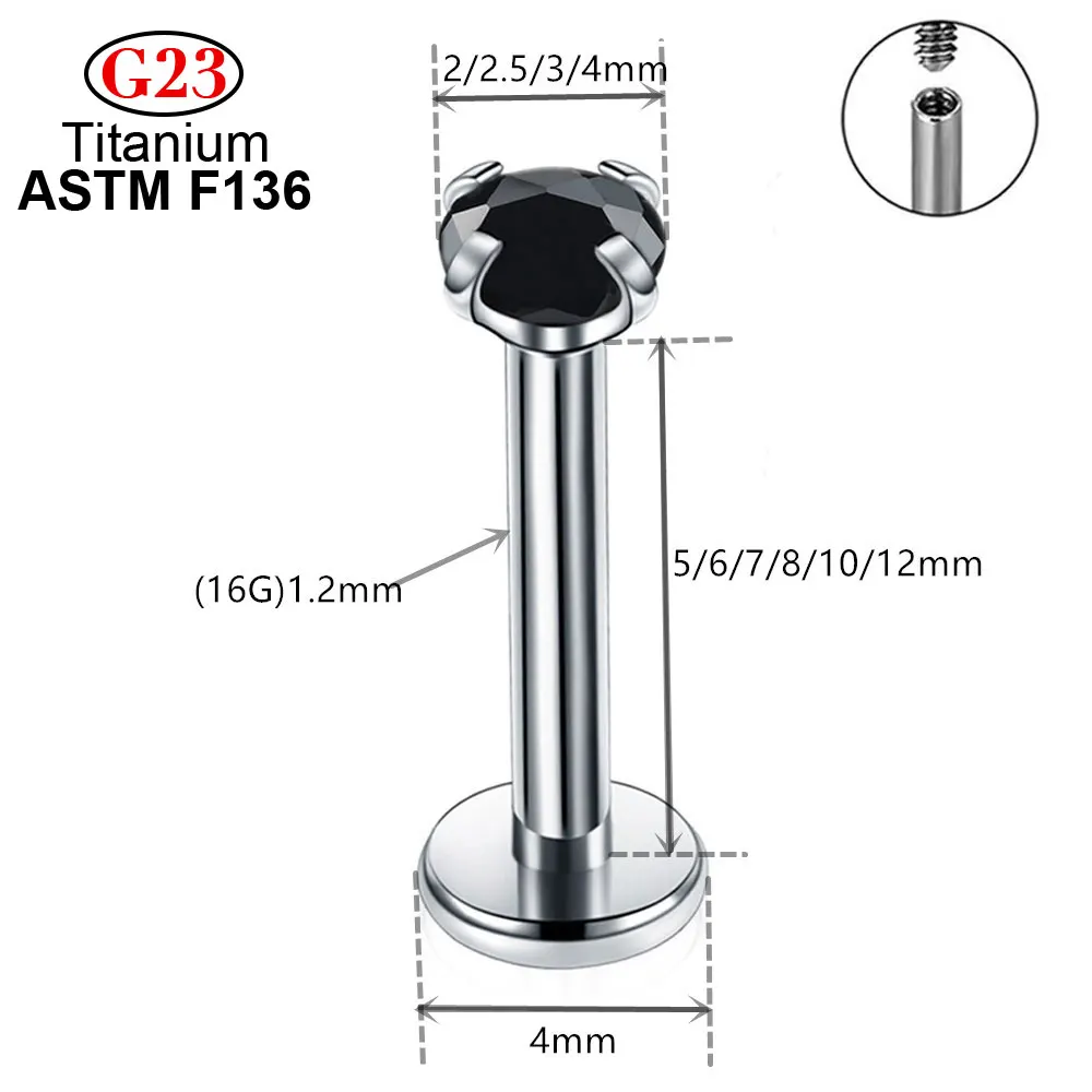 10pcs Ear Fashion Classic Labret Lip Stud ASTM F126 G23 Titanium 16G Zircon Thread Nose Piercing Earrings Unisex Body Piercing