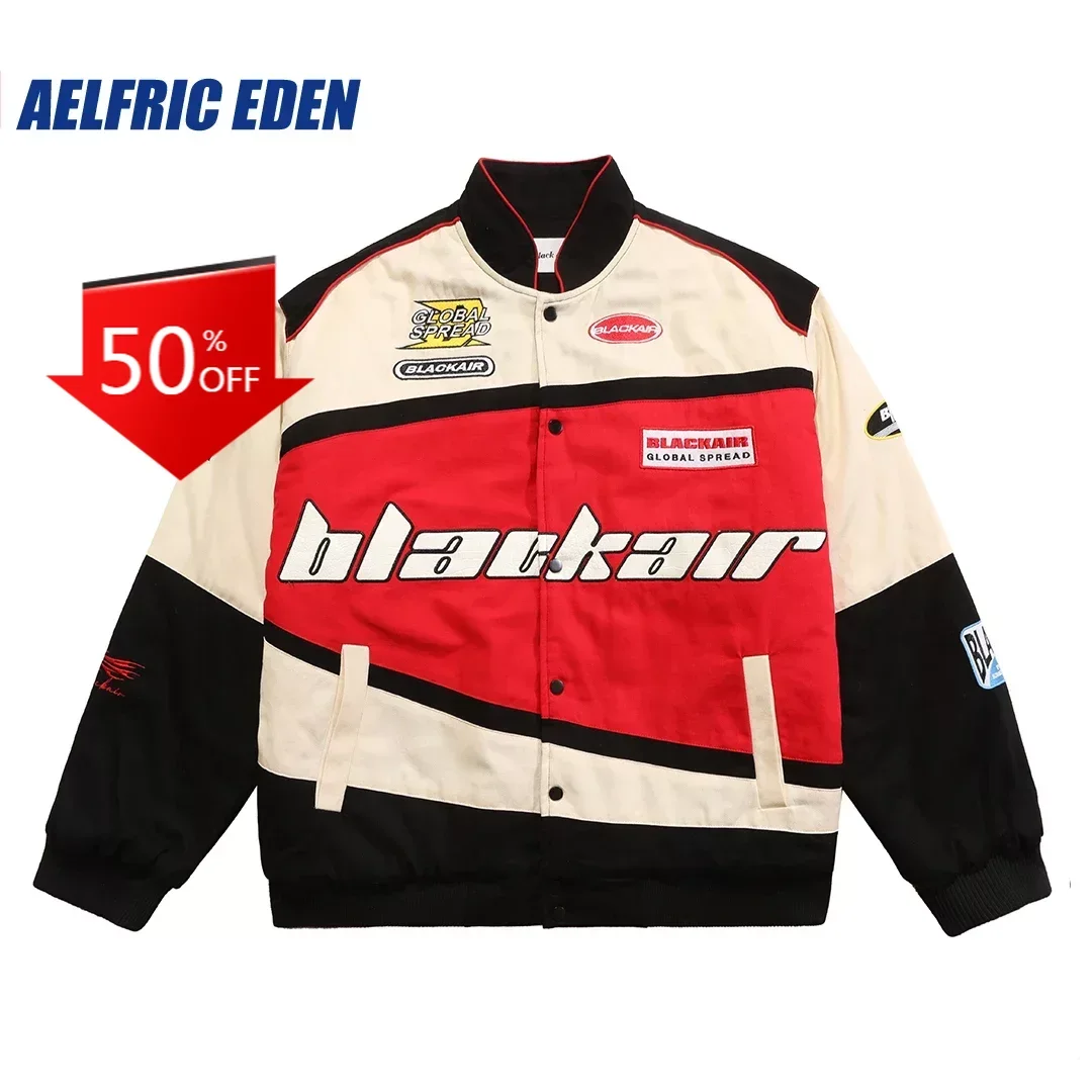 Aelfric Eden BLACKAIR Motosports Jacket Vintage Embrodiery Color Block Patchwork Coats Streetwear Harajuku Casual Racing Jackets