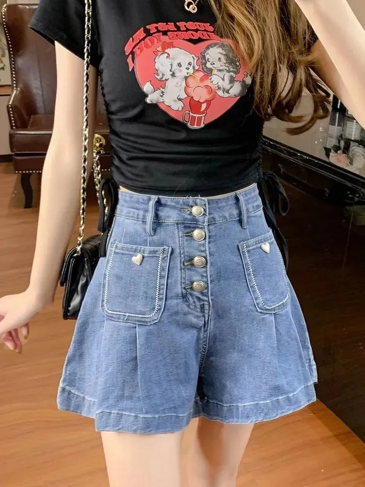 Single-Breasted Denim Shorts Women 2024 Summer New Korean High Waist Thin Loose Wide Leg A-Line Hot Pants Streetwear Jeans Short