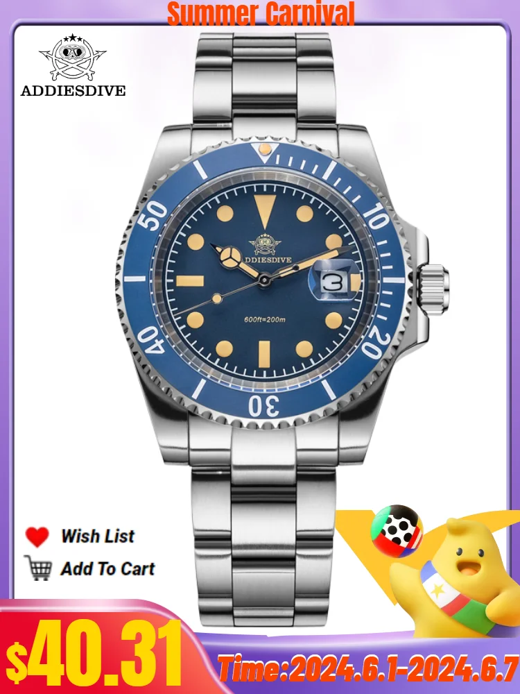 ADDIESDIVE NEW AD2054 Watches For Men Green Luminous Calendar 200M Waterproof Quartz Watches Reloj Hombre