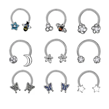나비 코 피어싱 후프 중격 링, 수술용 강철 나선 귀 연골 귀걸이, 원형 말굽 바디 쥬얼리, 10mm 16G, 1 개