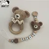Baby Rattle Crochet Bear Teether Rattle With Bells Pacifier Chain Newborn Montessori Educational Toy Wooden Rings Baby Toys 1