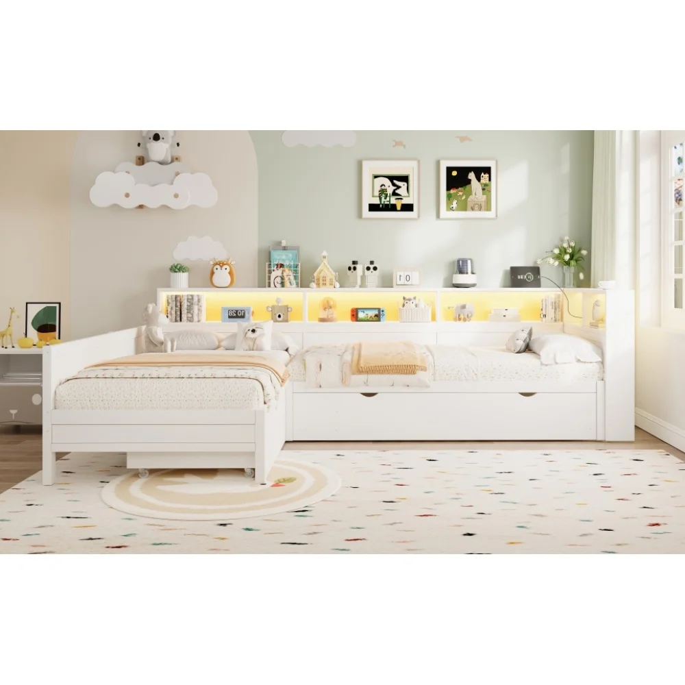 90 x 200 cm großes modernes L-förmiges Plattformbett aus Holz mit ausziehbarem Bett und Schublade, 5 Ablagefächern, Steckdosen und USB-C-Anschluss – Detail 6