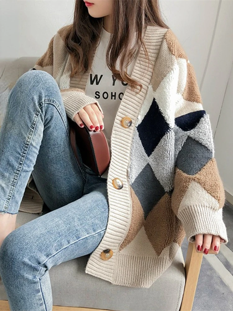 

2023 Plaid Chic Cardigans Button Puff Sleeve Checkered Oversized Women's Sweaters Winter Spring Sweater Tops SW658