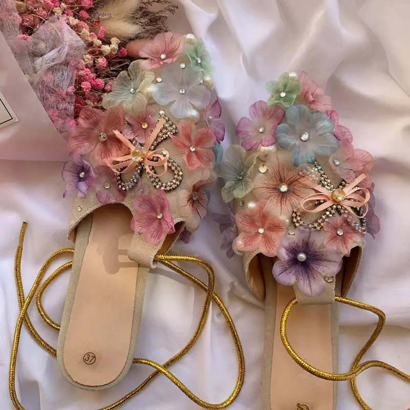 

Sweet Multicolor Organdie Flower Pearl Rhinestone Bowtie Flats Shoes Pointed Toe Leg Bandage Woman Girl's Vacation Pumps