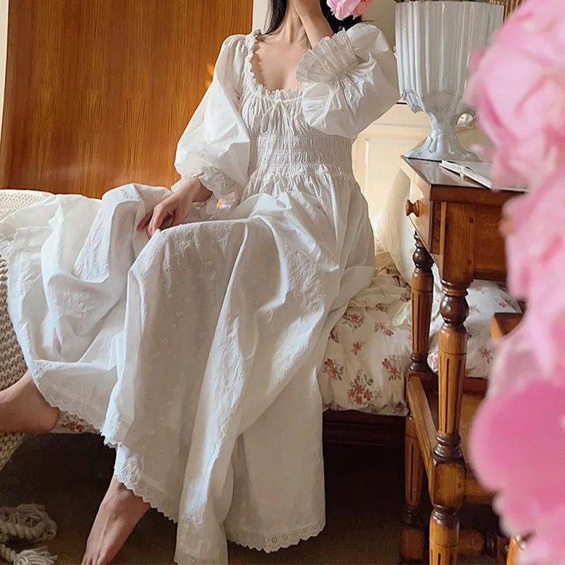 Princess Vintage Long Embroidery Nightgown Victorian Nightdress 100% Cotton Full Sleeve Sleepwear Ankle-Length Nightie For Women