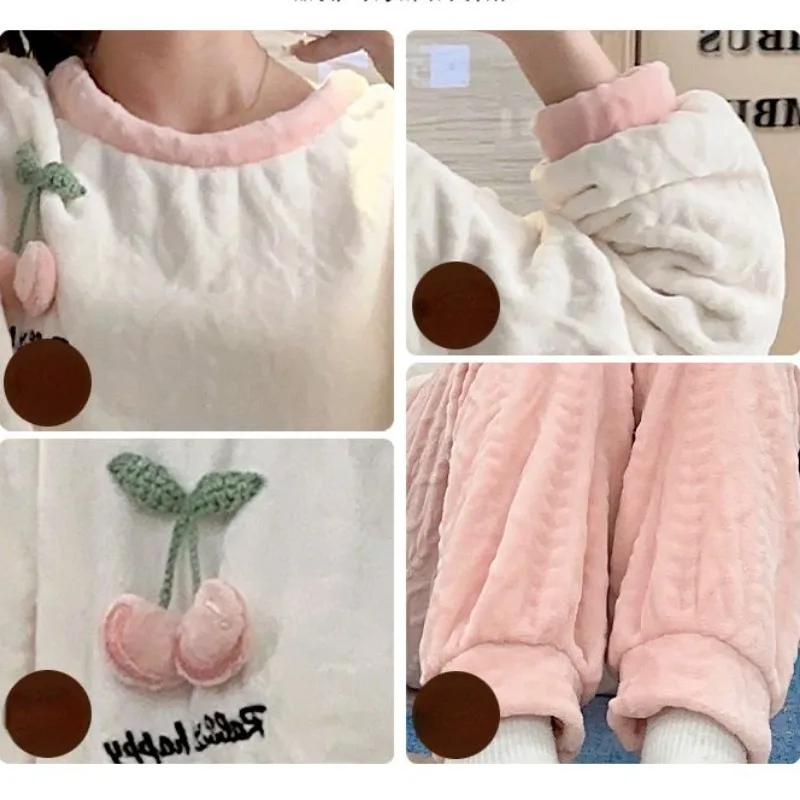 2024 New Pajama Women Winter Flannel Warm Spring Autumn Sleepwear Long-sleeved Coral Velvet Padded Velvet Homewear Cute Suit