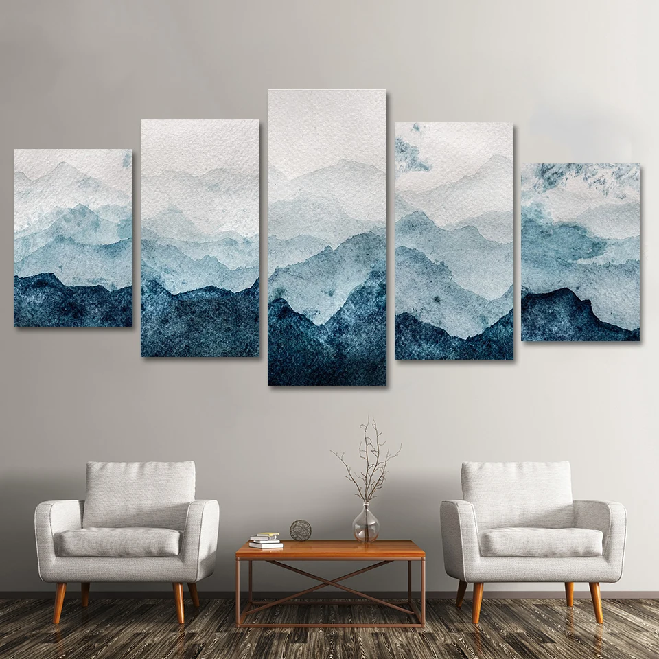 5 Pannelli Di Arte Astratta Della Parete Del Paesaggio Di Montagna Giapponese, Pittura Ad Acquerello Verde Su Tela, Poster Paesaggistici, Decorazione 