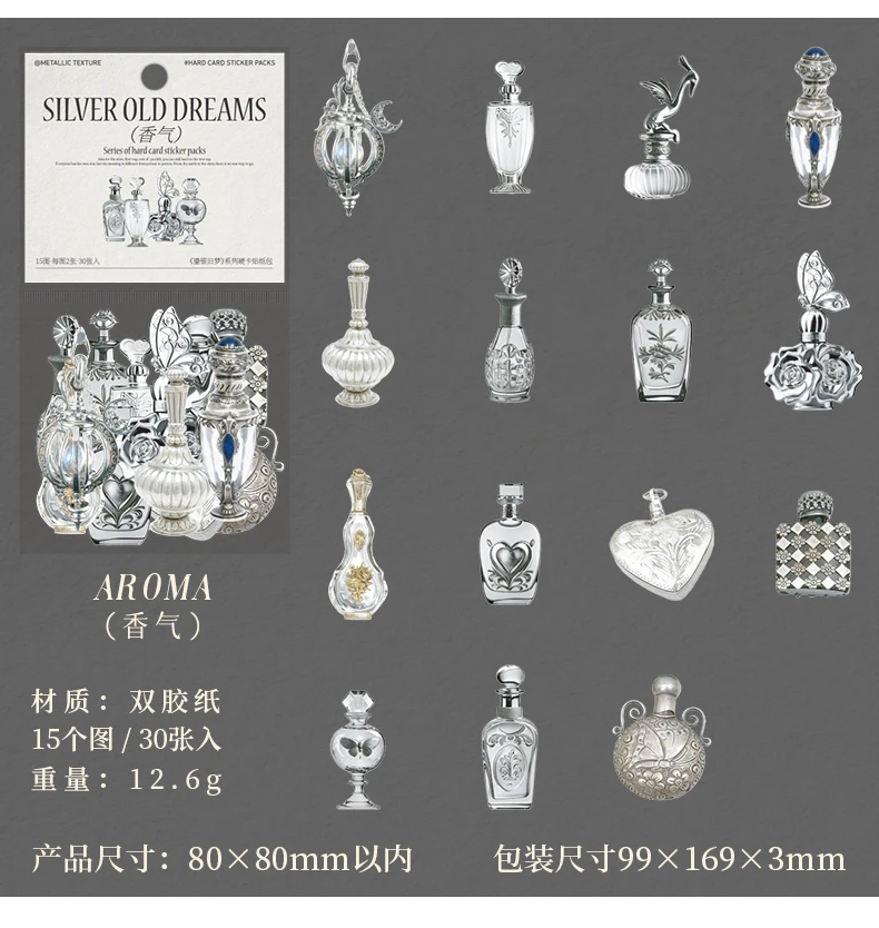 Journal GO 30pcs Silver Old Dreams Stickers Vintage Bottles Scrapbook Materials Collage Junk Journal Planner diy Retro Decals