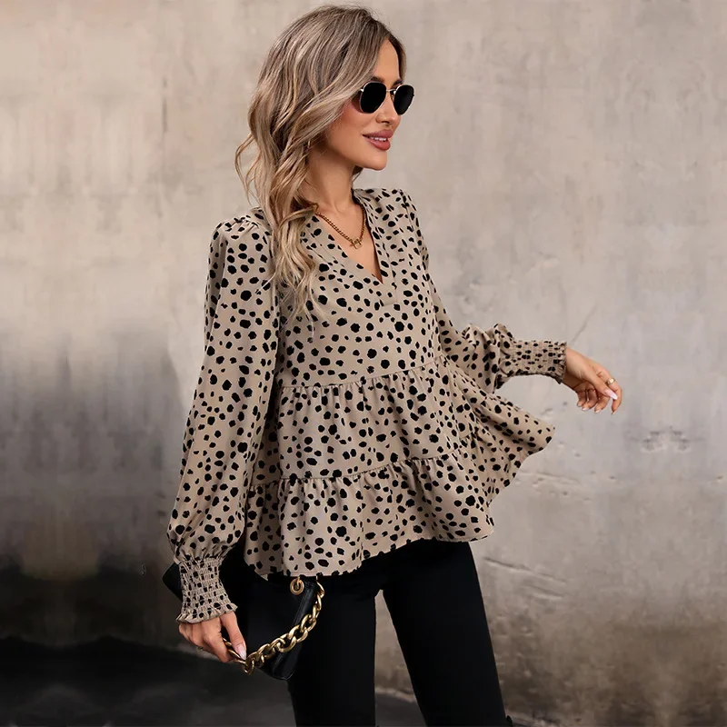 Fashion Women's V Neck Long Sleeve Ruffle Leopard Print Blouse Temperament Elegant Shirts for Women Tops