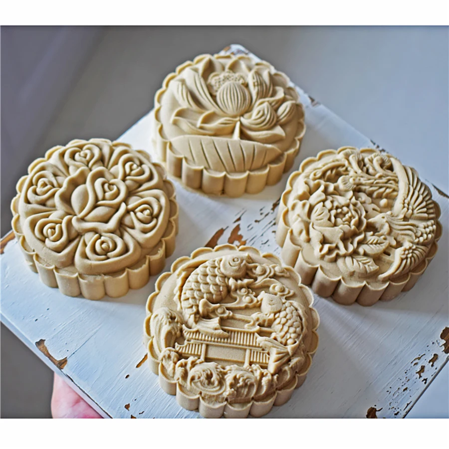 4Pcs/Set 200g Chinese Traditional Big Gram Moon Cake Mold Love Lotus Fish Dragon Dessert Pastry Stamp Hand Press Plunger Bakewar