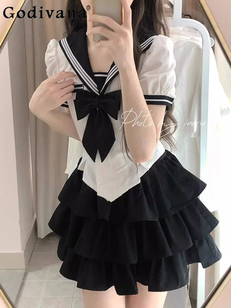 Korean Sweet JK Uniform Preppy Style Sailor Collar Shirt 2024 Summer New Fashion Color Contrast Stitching Bow Blouse  Skirt Sets