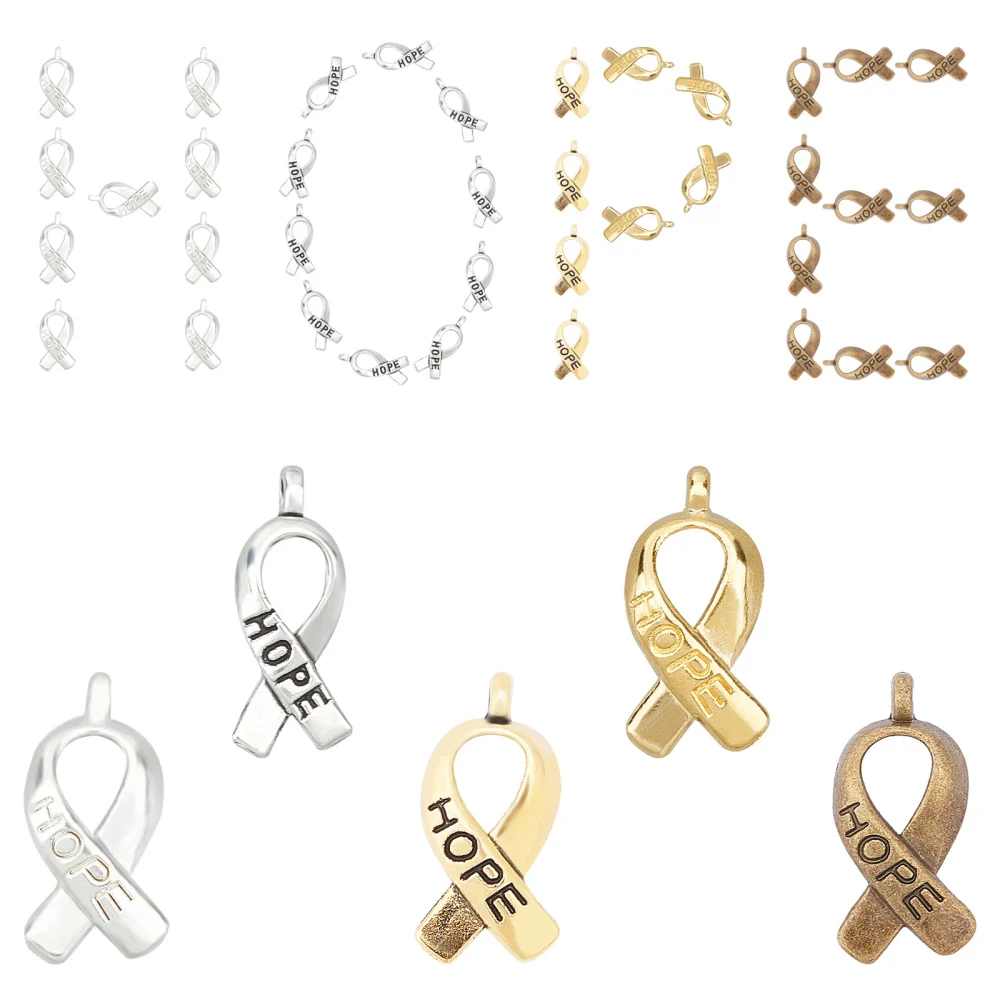 

1 Box 100Pcs 5 Colors Hope Ribbon Breast Charms Vintage Angel Breast Cancer Awareness Dangle Tibetab Style Pendants